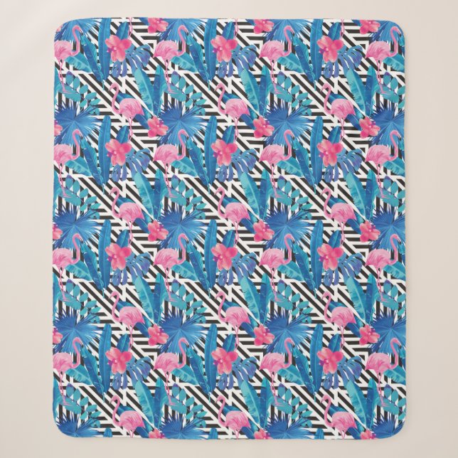 Flamingo & Palms on Geometric Pattern Sherpa Blanket (Front)