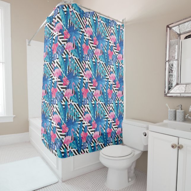 Flamingo & Palms on Geometric Pattern Shower Curtain (In Situ)