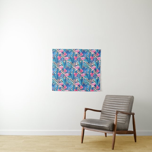 Flamingo & Palms on Geometric Pattern Tapestry (In Situ (Horizontal))