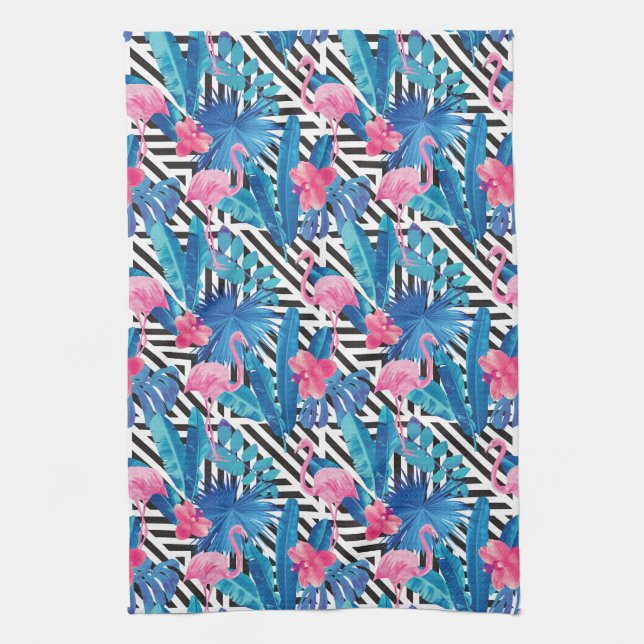 Flamingo & Palms on Geometric Pattern Tea Towel (Vertical)