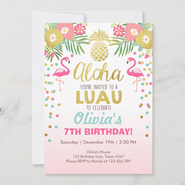 Flamingo party invitation Tropical Birthday luau (Front)
