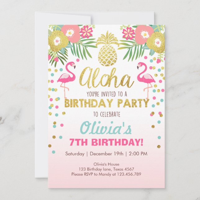 Flamingo party invitation Tropical Birthday luau (Front)