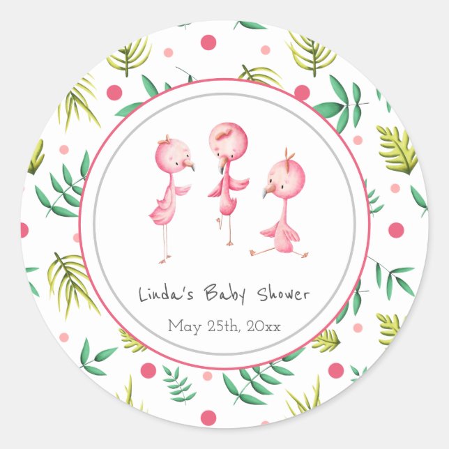 Flamingo Party Personalised Baby Shower Classic Round Sticker (Front)