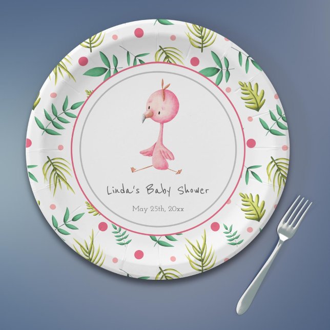 Flamingo Party Personalized Cute Baby Shower Paper Plate (Tropical flamingo baby shower paper plates)