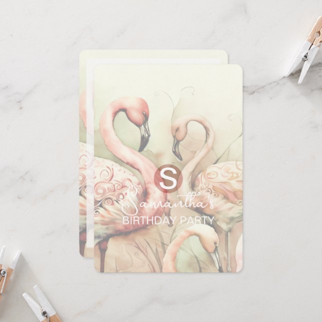 Flamingo Party Theme, Custom Invitation (Front/Back In Situ)