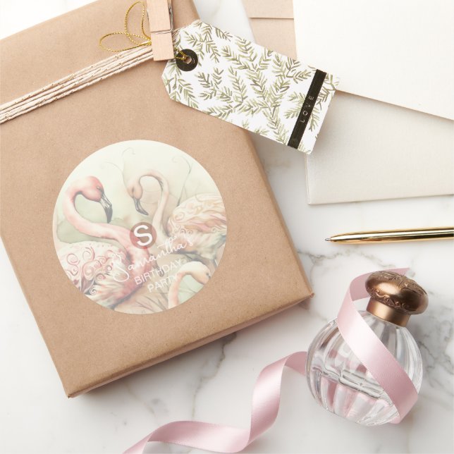 Flamingo Party Theme, Personalised Classic Round Sticker (Gifting)