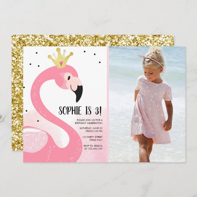 Flamingo party Tropical Pink Gold Girl Birthday Invitation (Front/Back)