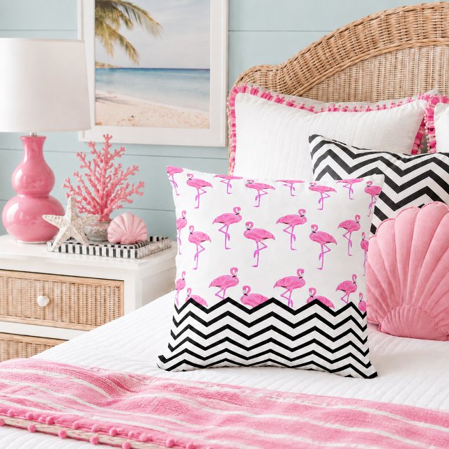 Flamingo Pattern with Chevron Stripes Cushion (Pink flamingos and black white zigzag chevron stripes pattern throw pillow in feminine girls room)