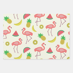 Flamingo Pattern with cute summer fruits  Wrapping Paper Sheet