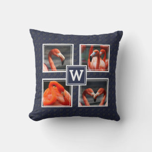 FLAMINGO Photo Collage Monogram Blue Cushion