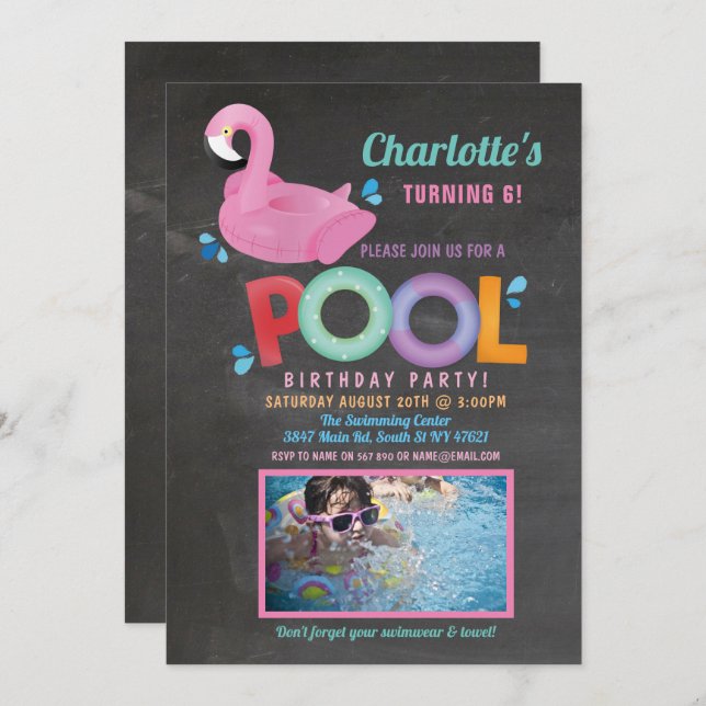 Flamingo Photo Pool Party Birthday Beach Float Invitation (Front/Back)