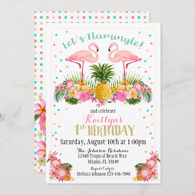 Flamingo Pineapple and Tropical Floral Birthday Invitation (Front/Back)