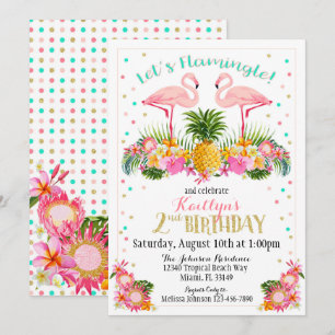 Flamingo Pineapple and Tropical Floral Birthday Invitation