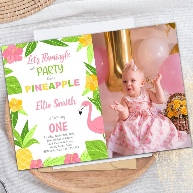 Flamingo Pineapple Birthday Invitations with Photo (Flamingo & Pineapple Birthday Invitations w photo)