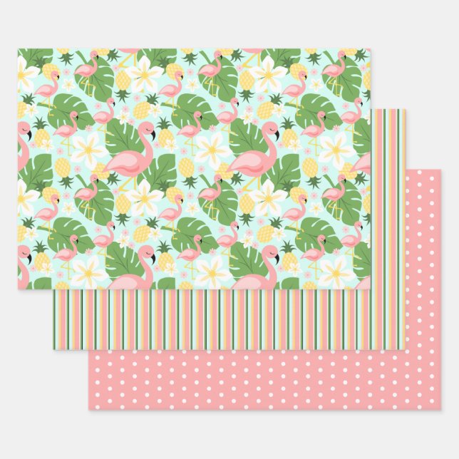 Flamingo, Pineapple, Monstera Tropical  Wrapping Paper Sheet (Set)