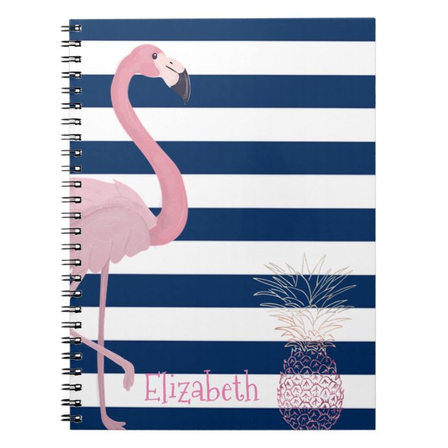 Flamingo,Pineapple Navy Blue Stripes-Personalised Notebook (Front)