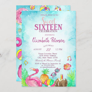 Flamingo Pineapple Summer Pool  Sweet 16  Invitation