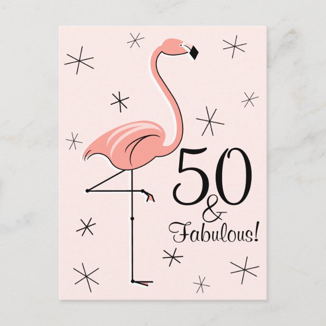 Flamingo Pink "50 and Fabulous!" vertical postcard (Front)