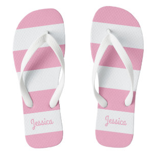 Flamingo Pink and White Stripe Personalised Thongs