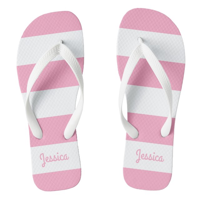 Flamingo Pink and White Stripe Personalised Thongs (Footbed)