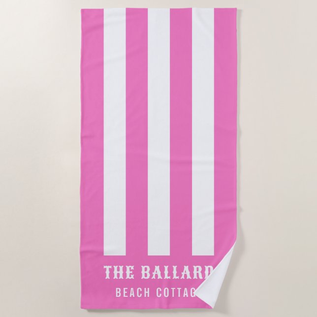 Flamingo Pink and White Stripes | Beach House Beach Towel (Front)