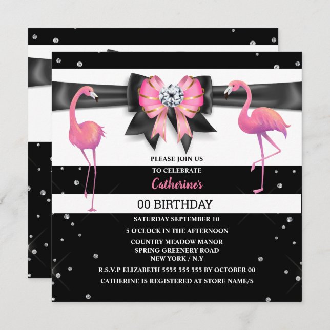 Flamingo pink bow glitter ANY age birthday stripe Invitation (Front/Back)