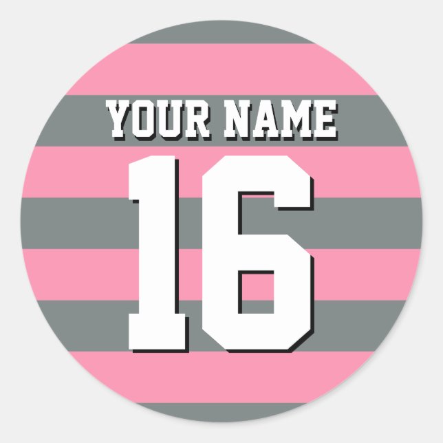 Flamingo Pink Charcoal Team Jersey Preppy Stripe Classic Round Sticker (Front)