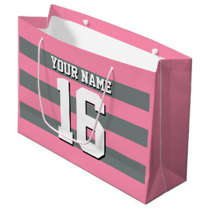 Flamingo Pink Charcoal Team Jersey Preppy Stripe Large Gift Bag