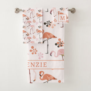 Flamingo Pink Coral Name Monogram Bath Towel Set