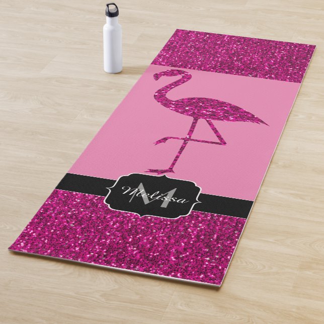 Flamingo Pink faux glitter sparkle custom Monogram Yoga Mat (In Situ)
