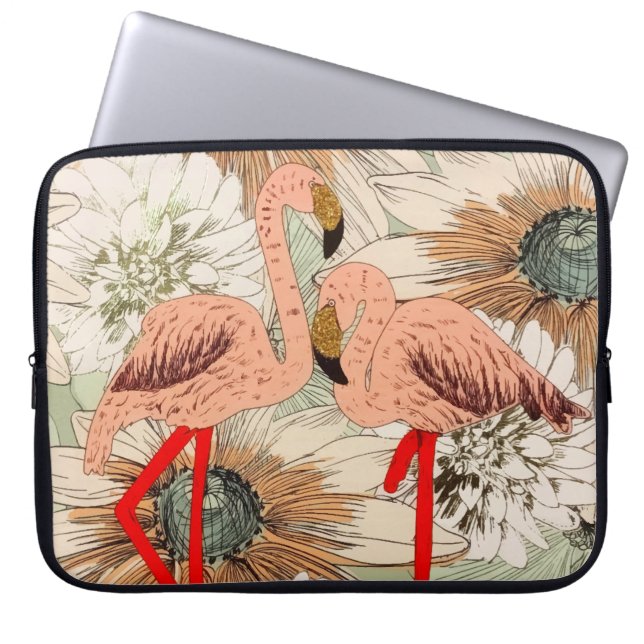 Flamingo Pink Floral Tropical Leaves Glitter Laptop Sleeve (Front)