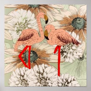 Flamingo Pink Floral Tropical Leaves Glitter Poster