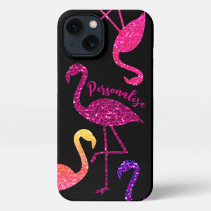 Flamingo pink glitter sparkles Personalise black iPhone 13 Case