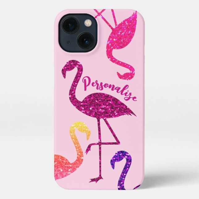 Flamingo pink glitter sparkles Personalise iPhone Case (Back)