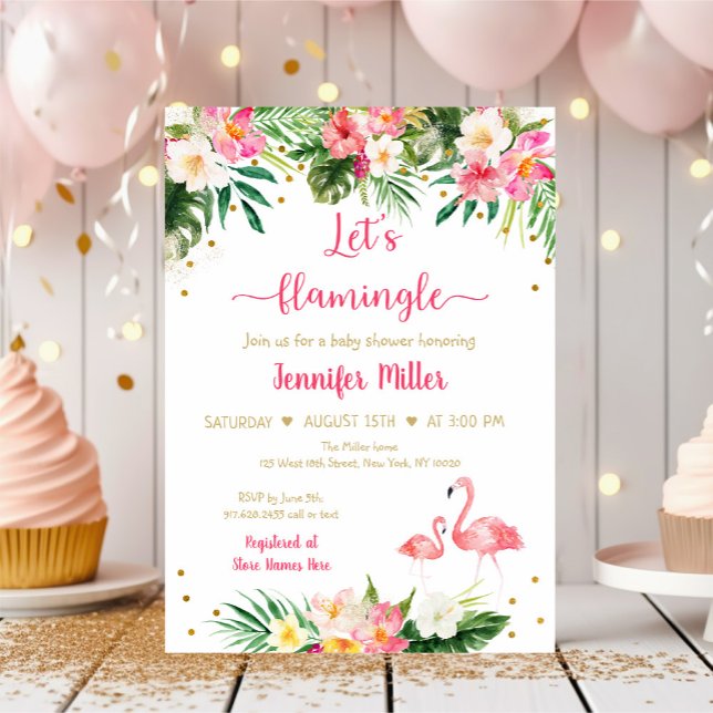 Flamingo Pink Gold Tropical Floral Baby Shower Invitation (Creator Uploaded)