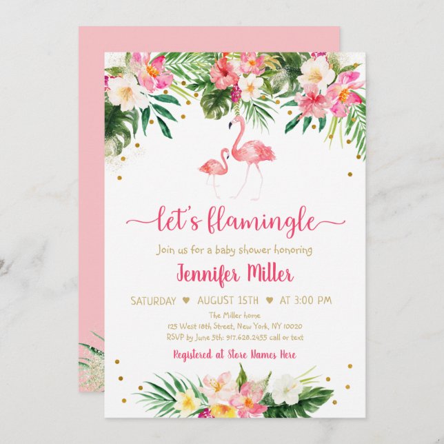 Flamingo Pink Gold Tropical Floral Baby Shower Invitation (Front/Back)