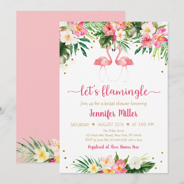 Flamingo Pink Gold Tropical Floral Bridal Shower Invitation (Front/Back)