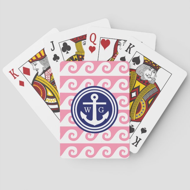 Flamingo Pink Navy Blue Wht Anchor Greek Key Waves Playing Cards (Back)
