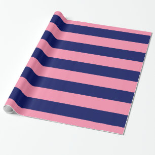 Flamingo Pink, Navy Blue XL Stripes Pattern V Wrapping Paper