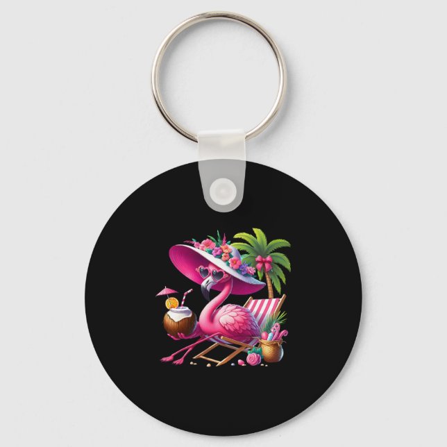 Flamingo Pink Palm Tree Tropical Beach Summer Vaca Key Ring (Front)