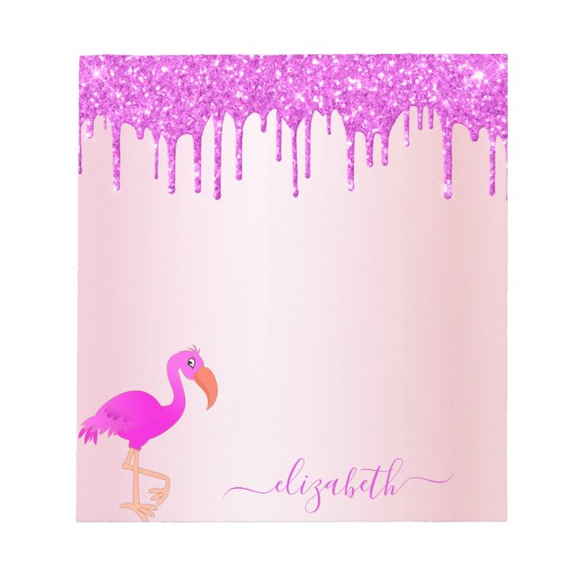 Flamingo pink purple glitter drips monogram notepad (Front)