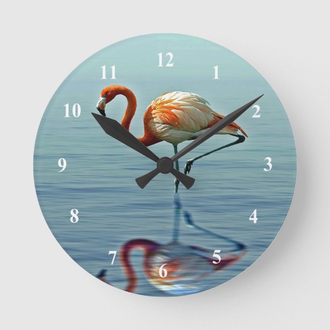 Flamingo Pink Reflection Wildlife Photo Round Clock (Front)
