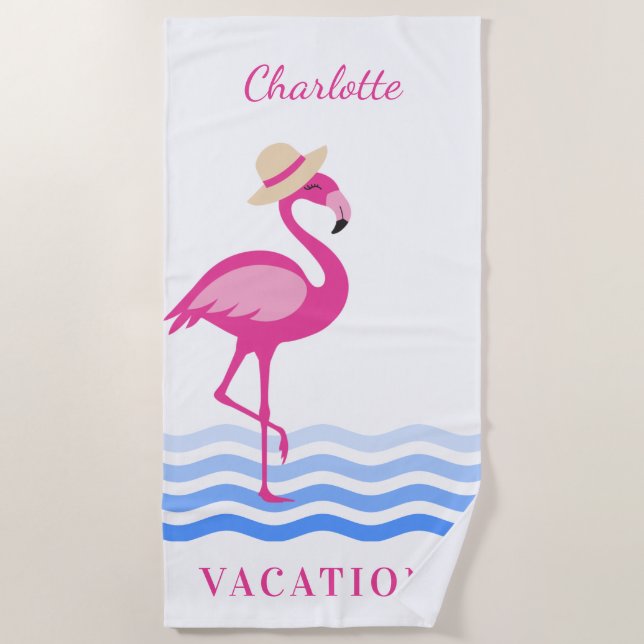 Flamingo pink sea waves monogram vacation beach towel (Front)