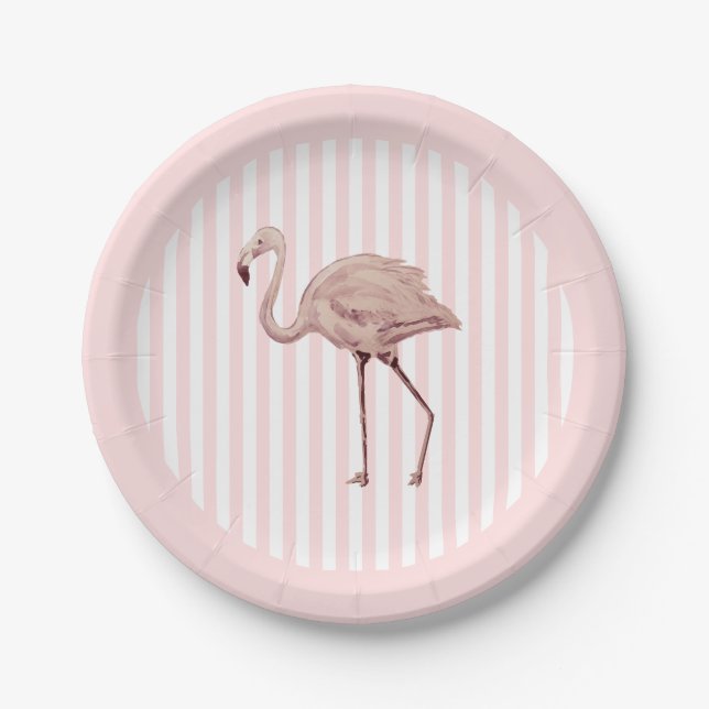 Flamingo Pink Stripe Birthday Tropical Paper Plate (Front)