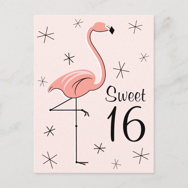 Flamingo Pink "Sweet 16" vertical postcard (Front)