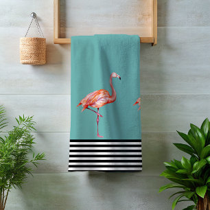 Flamingo Pink Tropical Teal Black White Fun Bath Towel Set