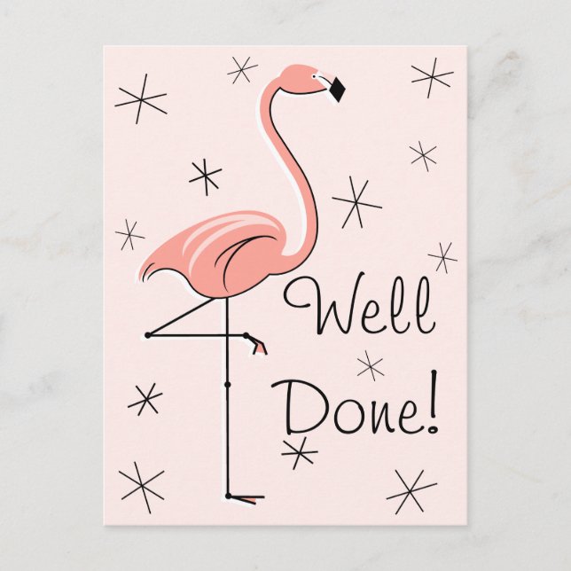Flamingo Pink "Well Done!" vertical postcard (Front)