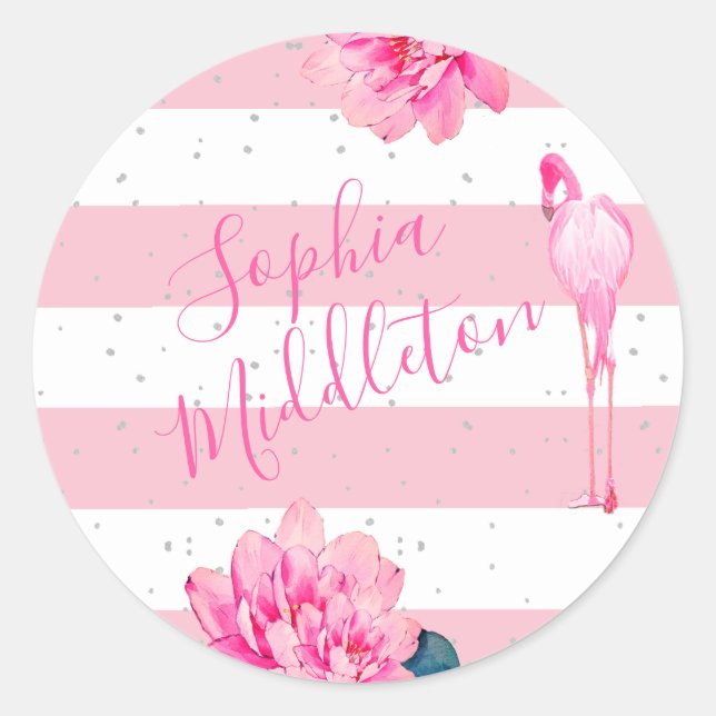 Flamingo Pink White Stripe Floral Chic Silver Classic Round Sticker (Front)