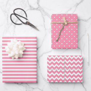 Flamingo Pink & White Stripes Polka Dot Chevron  Wrapping Paper Sheet