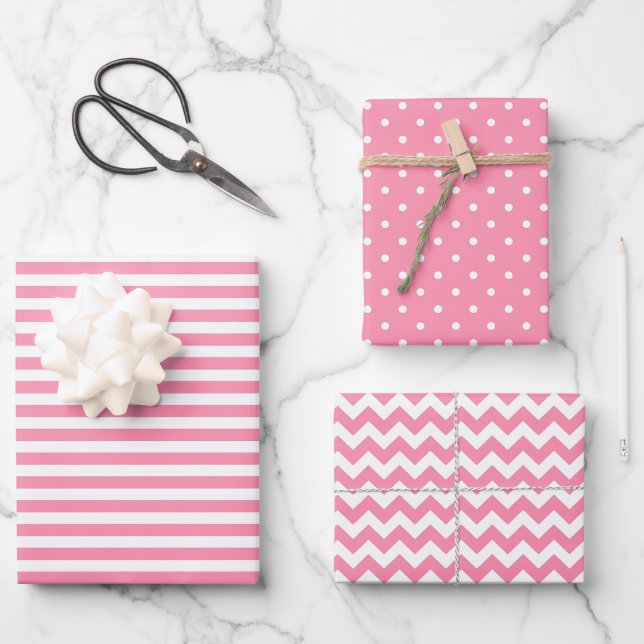 Flamingo Pink & White Stripes Polka Dot Chevron  Wrapping Paper Sheet (Front)